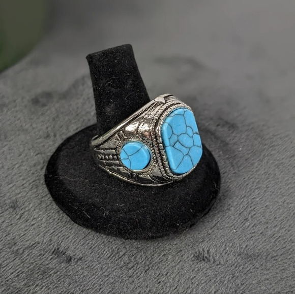 Silver color turquoise color stone ring, 11, unisex - Picture 3 of 9